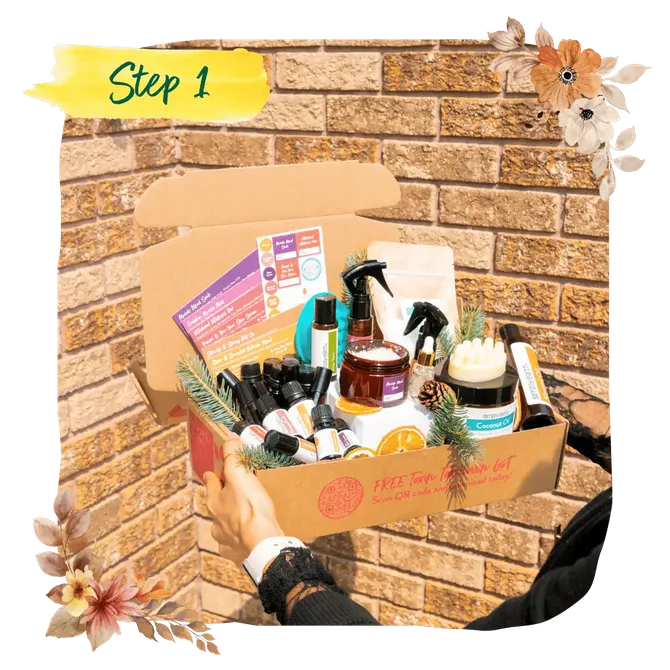 Step 1 — hands holding an open Recipe Box packed with oil bottles, labelled jars and recipe cards